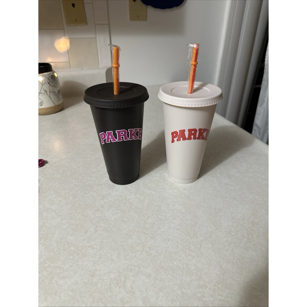 New DD Dunkin Donuts - Parke Tumbler Cup Set of 2 w/Straws *HTF* Black & White